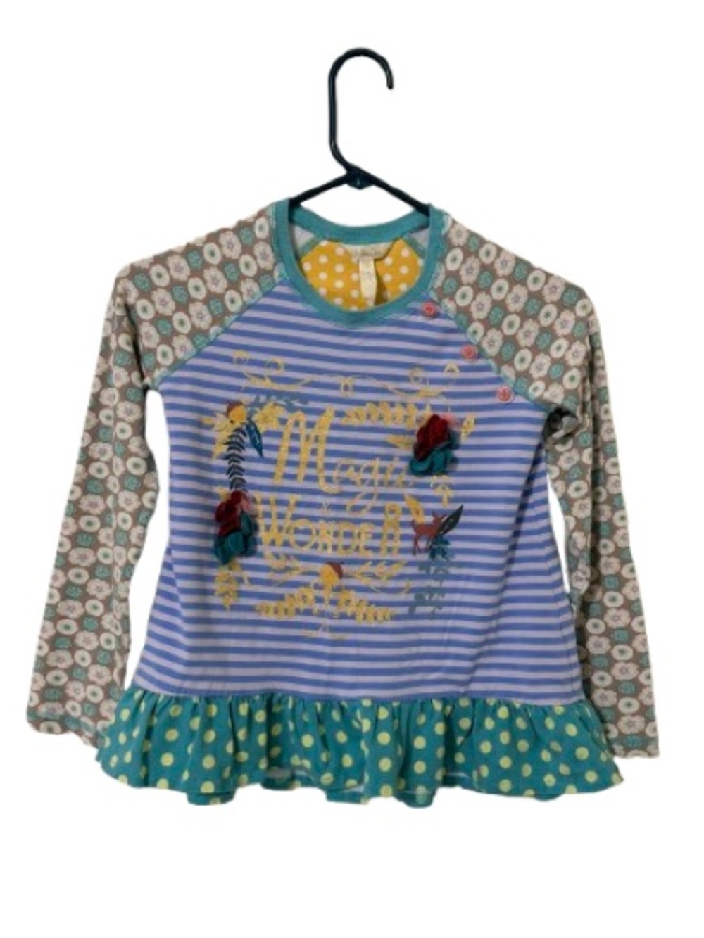 Matilda Jane May & Wonder Ruffle Hem Top Girls Size 10 Blue Stripe Floral Boho